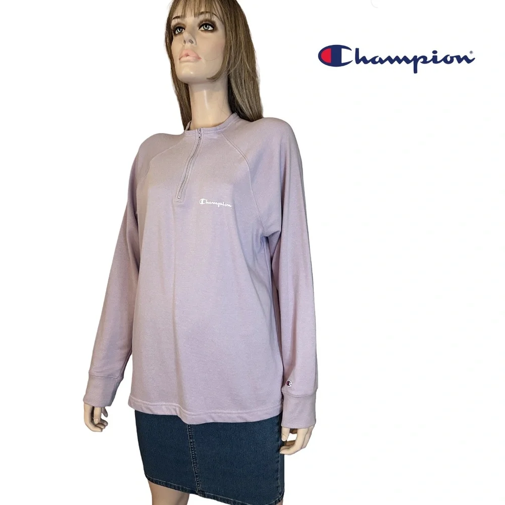 Champion Sweatshirt Top Pullover Sweater Lilac ¼ Zip Front Long Sleeve Branded - Picture 10 of 12